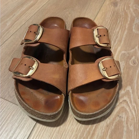 Birkenstock Tan Leather Sandals with Gold Buckles - Picture 8 of 10